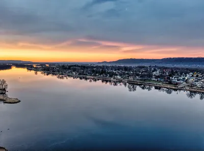 A stunning aerial view of the Mississippi River at sunset in Wabasha, Minnesota.