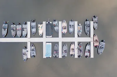 Overhead shot of various boats moored at a marina in Wabasha, Minnesota, USA.