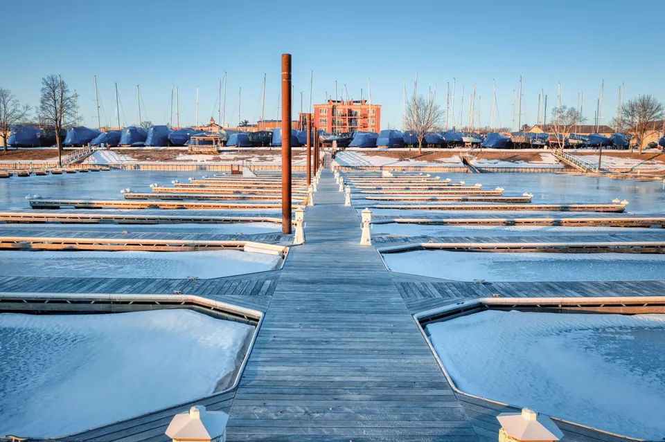 A frozen marina in Lake City, MN capturing the serene winter landscape.