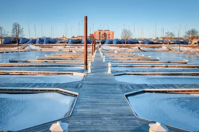 A frozen marina in Lake City, MN capturing the serene winter landscape.